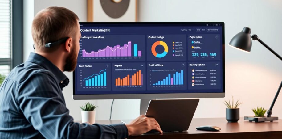 Business person analyzing content marketing ROI metrics on computer dashboard showing positive return on investment