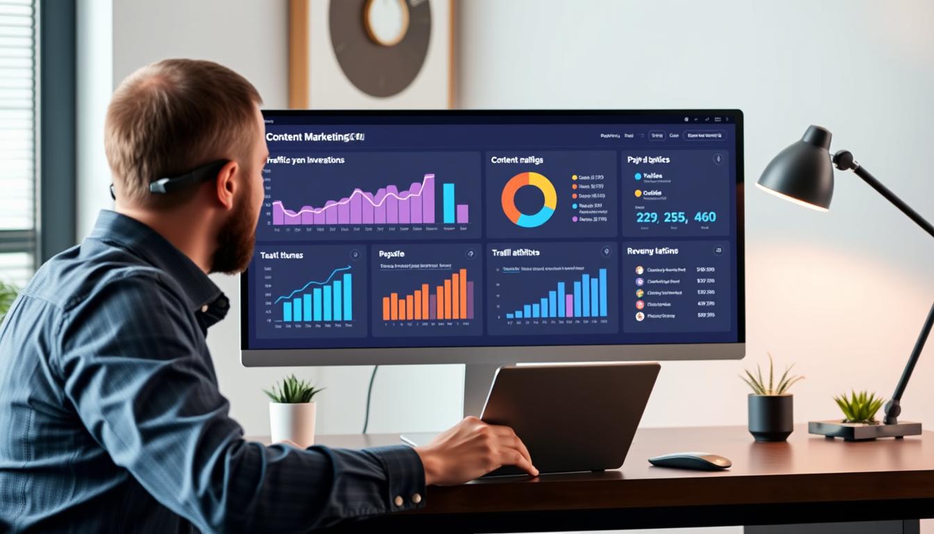 Business person analyzing content marketing ROI metrics on computer dashboard showing positive return on investment