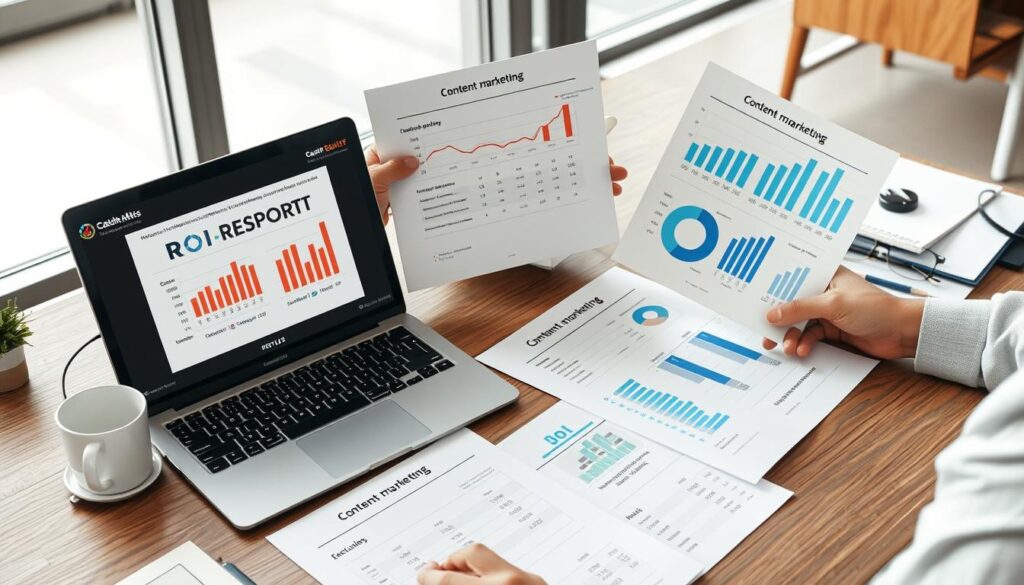 Marketer reviewing content marketing ROI reports showing successful campaign results