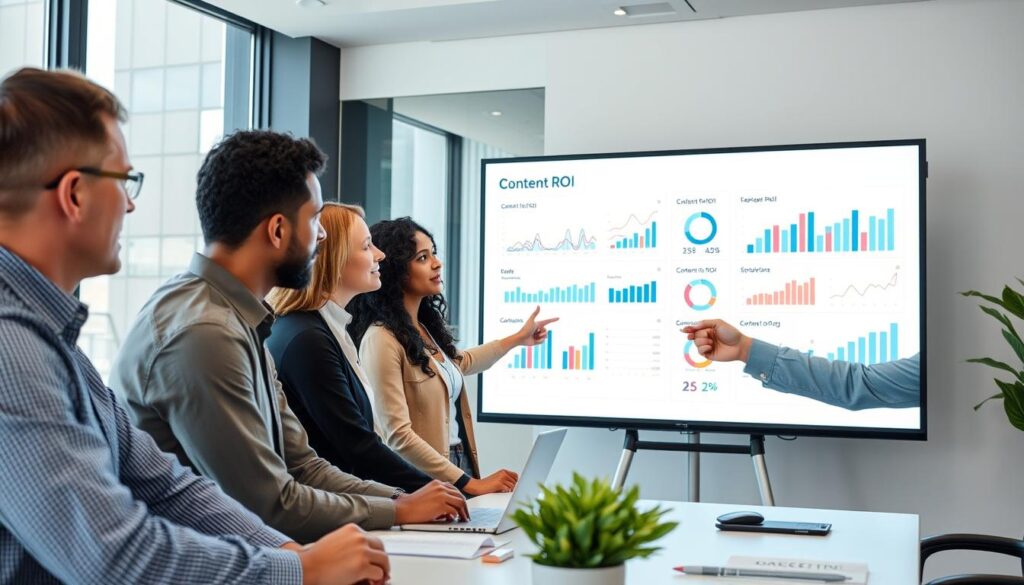 Marketing team analyzing content ROI data in a collaborative meeting