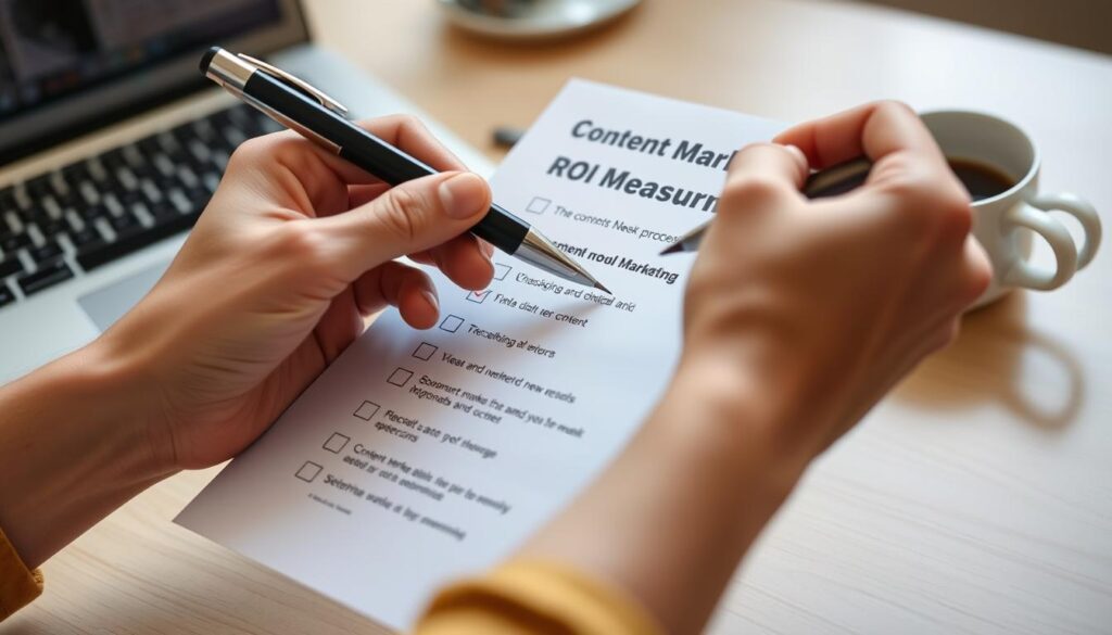 Person checking off items on a content marketing ROI measurement checklist