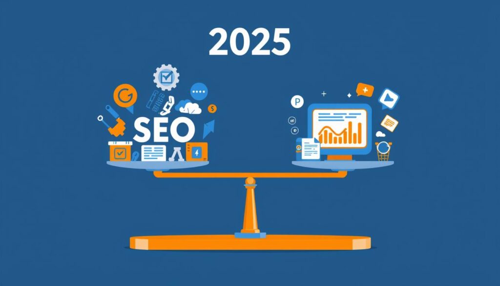 Balance scale showing equilibrium between SEO and Paid Ads strategies for optimal digital marketing results in 2025