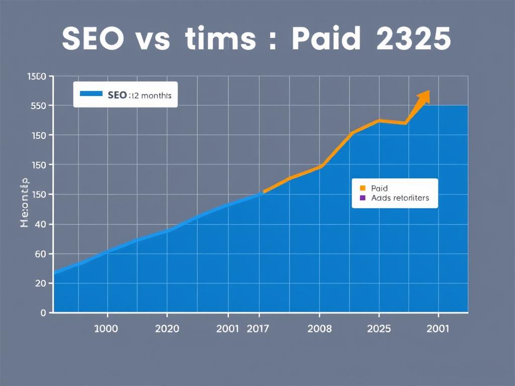 Graph showing ROI comparison between SEO and Paid Ads over time in 2025, with SEO showing increasing returns and paid ads showing immediate but plateau returns