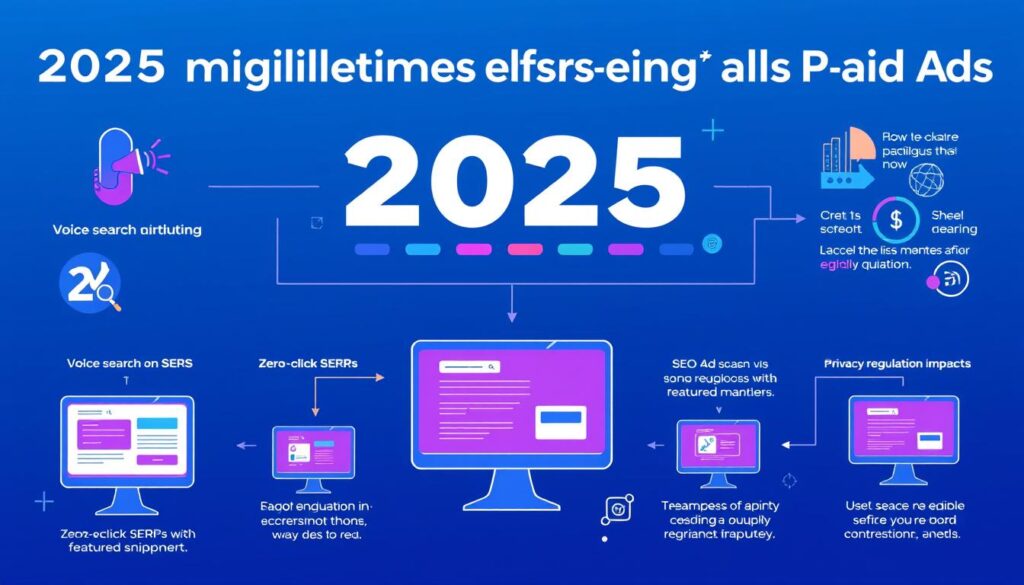 Illustration of 2025 digital marketing trends including voice search optimization, zero-click SERPs, and privacy regulations affecting SEO vs. Paid Ads