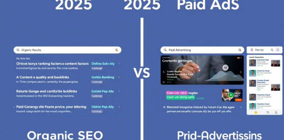 Visual comparison of SEO vs. Paid Ads in 2025 showing organic search results and paid advertisements on a search engine results page