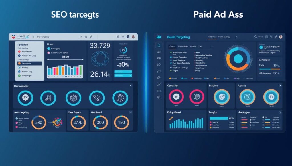 Visualization of AI-driven targeting capabilities for SEO vs. Paid Ads in 2025 showing audience segmentation and personalization