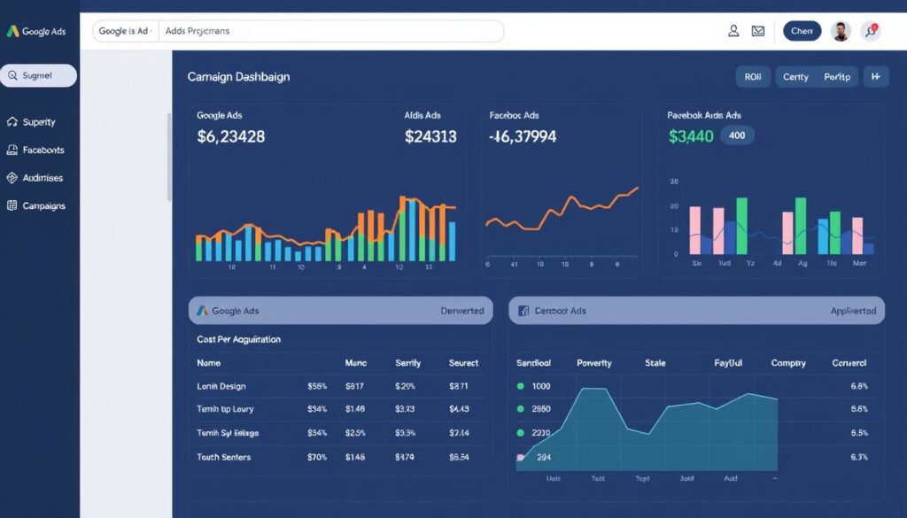 Digital advertising dashboard showing campaign performance across multiple platforms