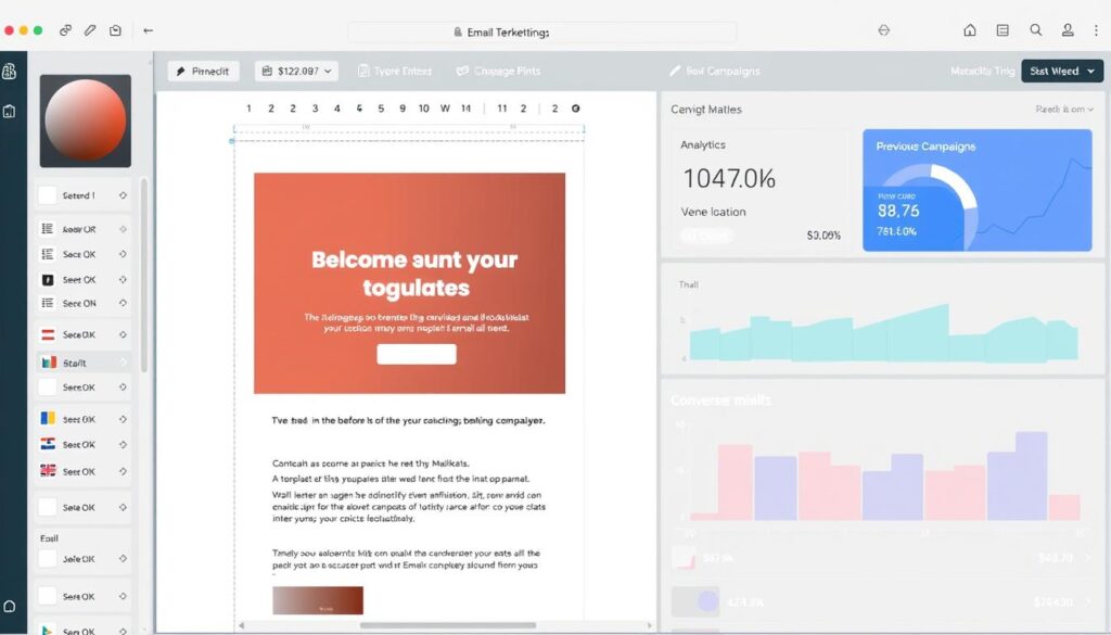 Email marketing campaign being designed with analytics dashboard showing open rates