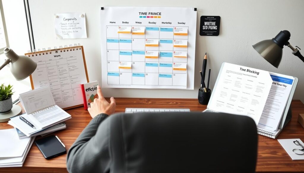 Person efficiently managing time between full-time job and digital marketing side hustle with calendar and productivity tools