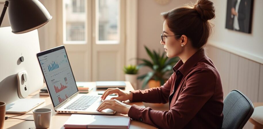 Person working on digital marketing side hustle from home with laptop and analytics charts