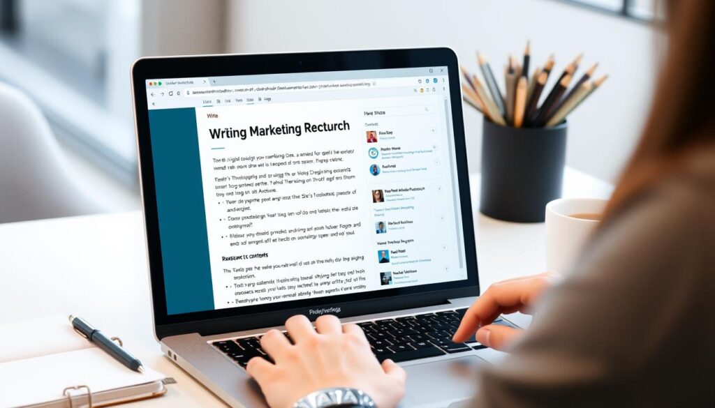 Person writing digital marketing content on laptop with SEO research tools open