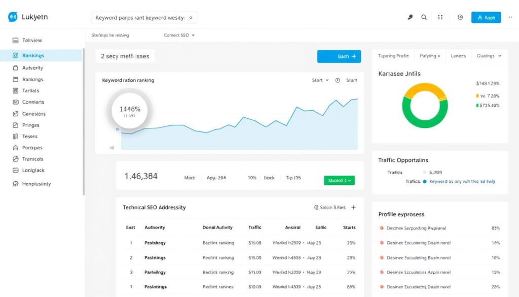 SEO analysis dashboard showing keyword rankings, backlink profile, and website optimization opportunities