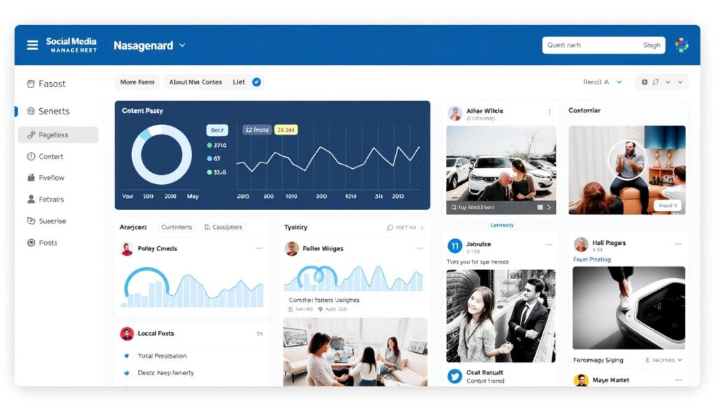 Social media management dashboard showing multiple platforms and analytics