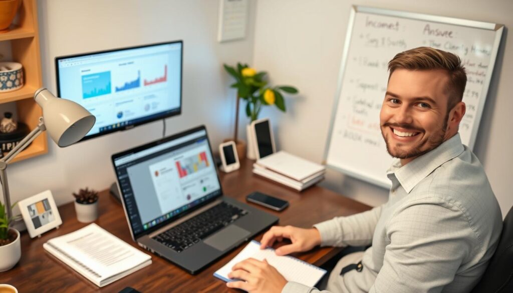 Successful digital marketing side hustler working from home office with multiple income streams